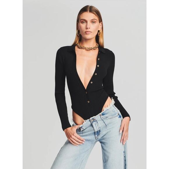 Ser.O.Ya Womens Long Sleeve Ribbed Black Button Front Nala Bodysuit Small New E3 - Picture 1 of 11